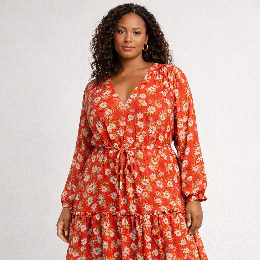 Draper James Womens 1X Red Floral Long Sleeve Gypsy Boho Peasant V Neck Dress